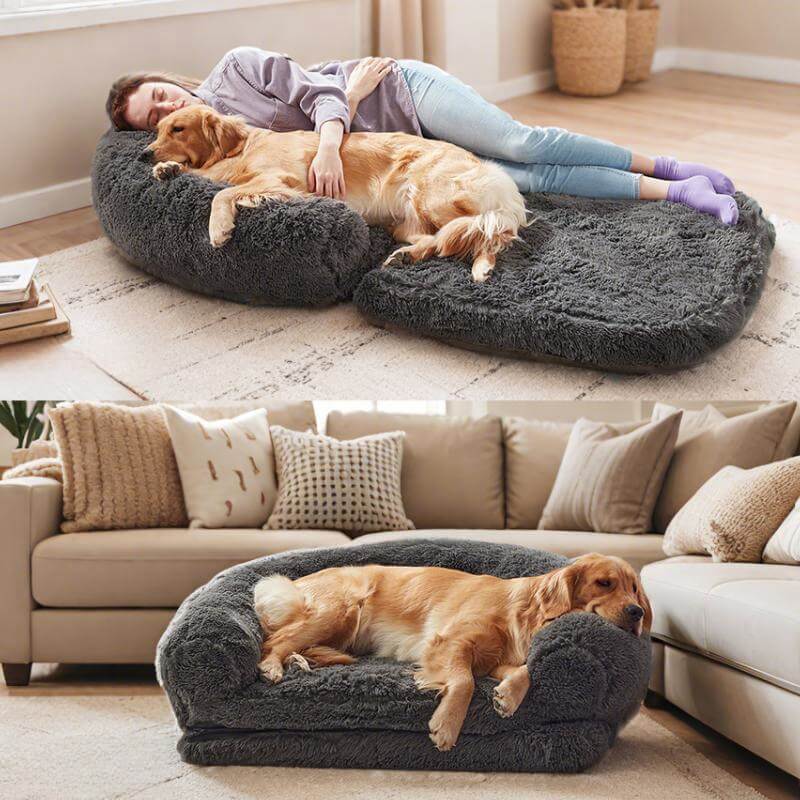 Chic Plush Large Dog Bed Foldable Human Dog Bed, Dark Grey