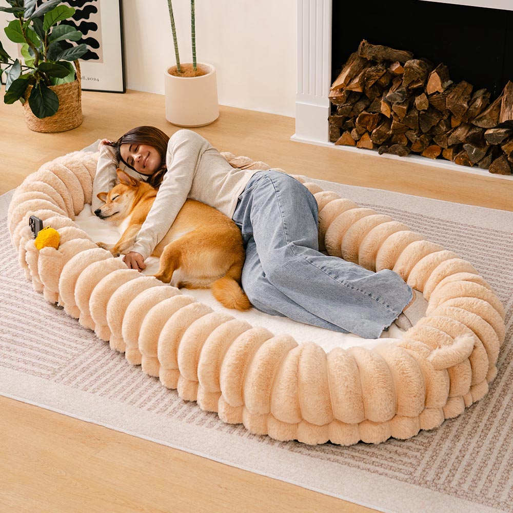 Classic Fluffy Super Large Donut Human Dog Bed - Cuddle Cradle, Beige