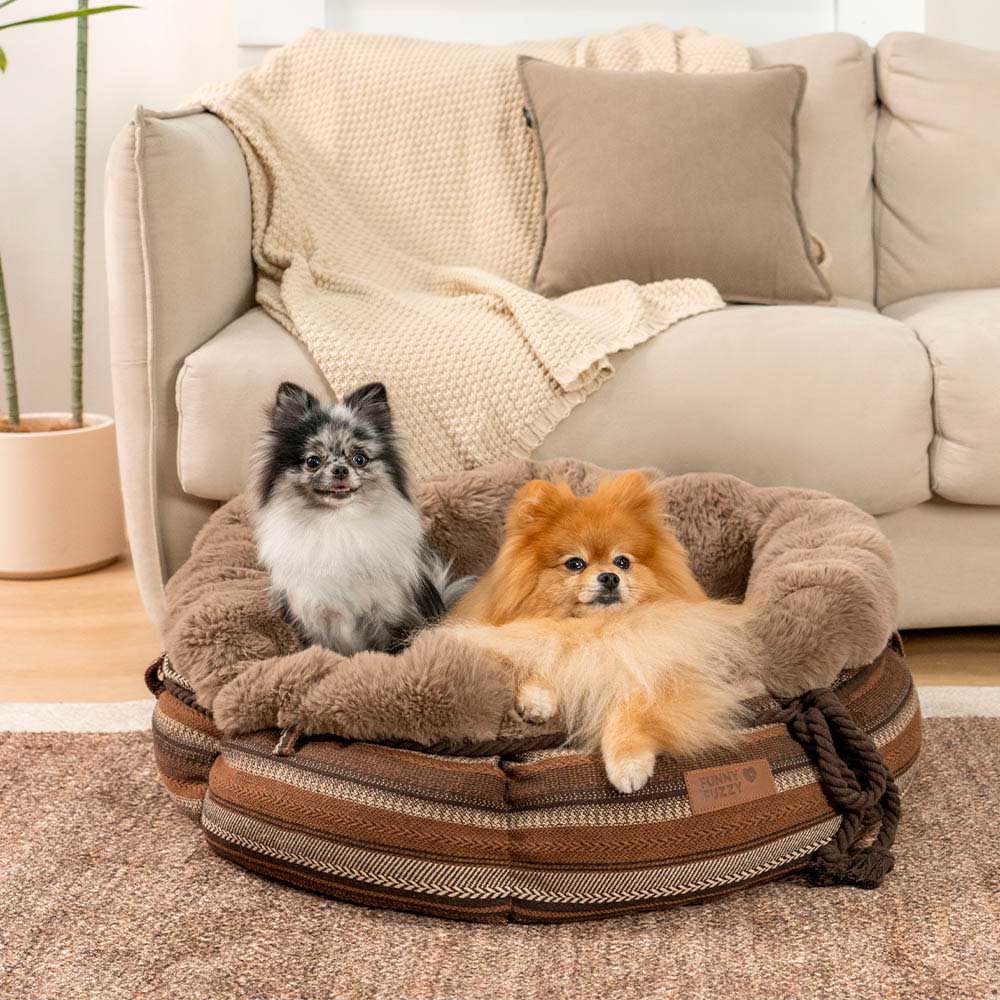 Classic Jacquard Plush Donut Dog Bed - Snuggle Den, Khaki - XS