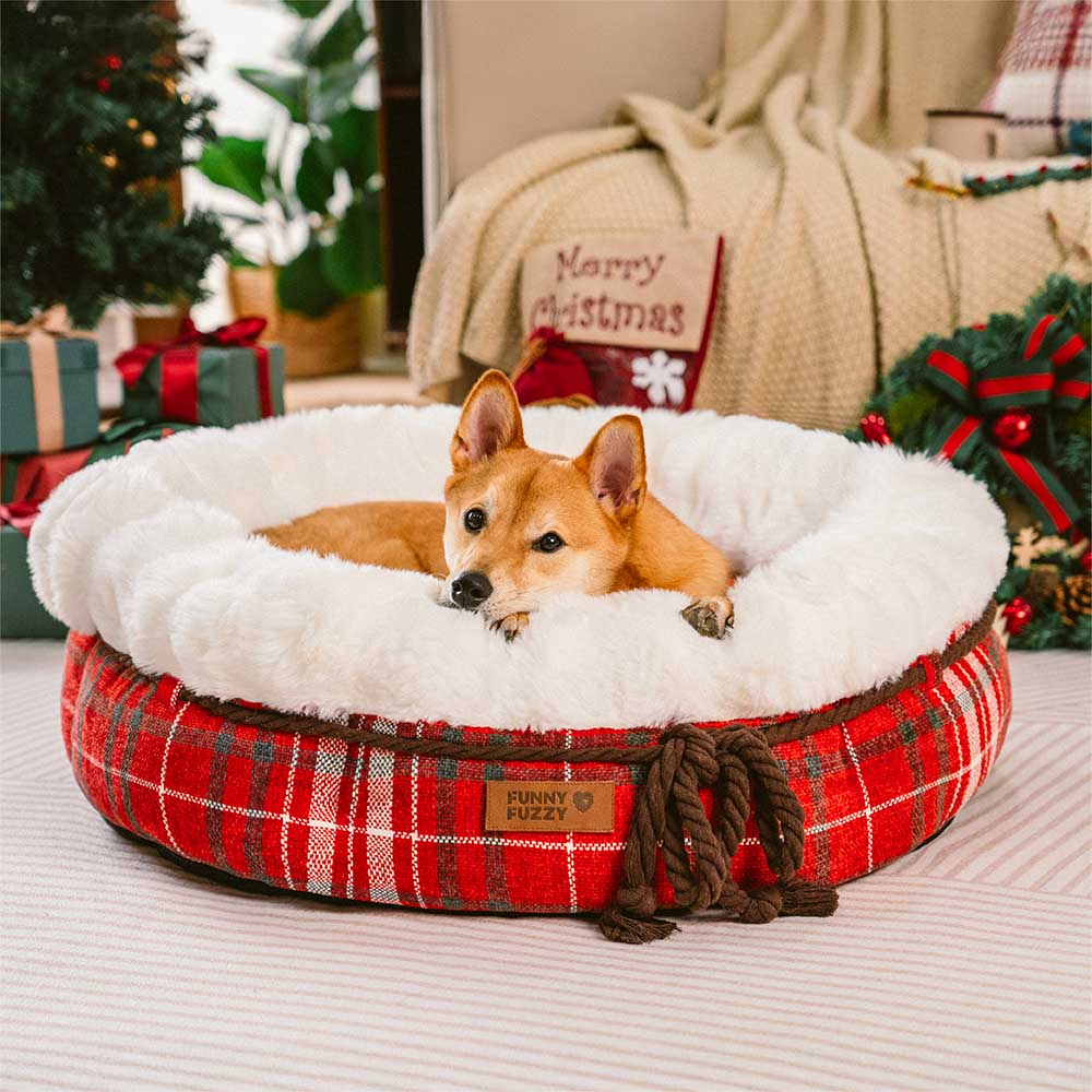 Classic Jacquard Plush Donut Dog Bed - Snuggle Den, Red - S