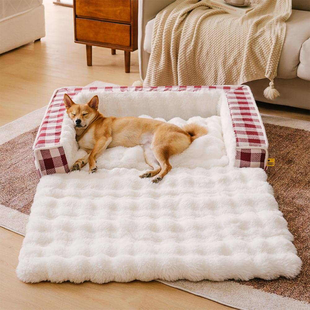 Classic Plaid Ergonomic Calming Dog Bed - Expandable＆Washable, Red - L