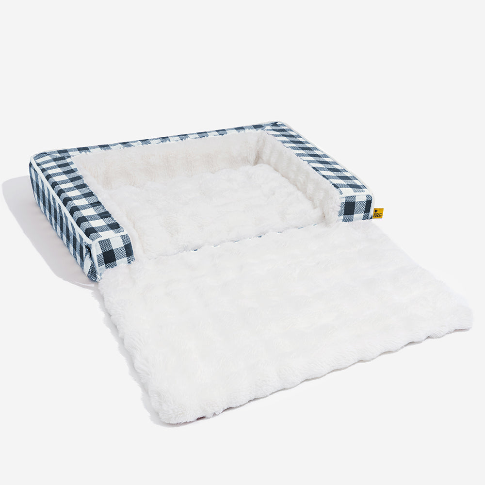 Classic Plaid Ergonomic Calming Dog Bed - Expandable＆Washable, Blue - M
