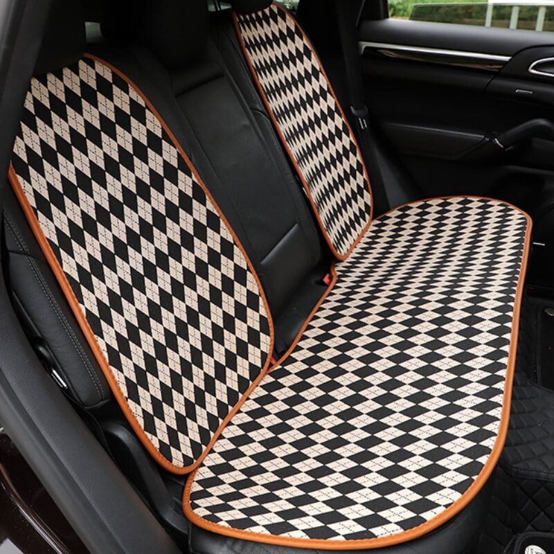 Classic Rhombus Color Matching Non-slip Front Car Seat Cover Full Set, Brown - Rear Seat