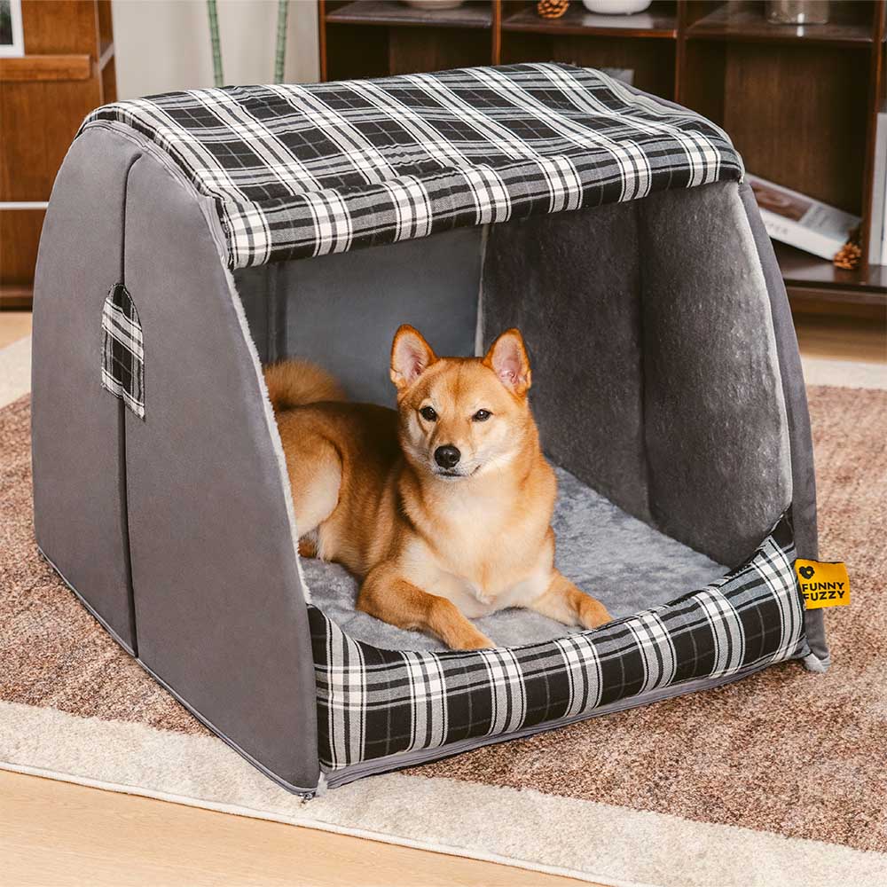 Classical Plaid House Orthopedic Dog Bed - Retreat Cabin, Black - S
