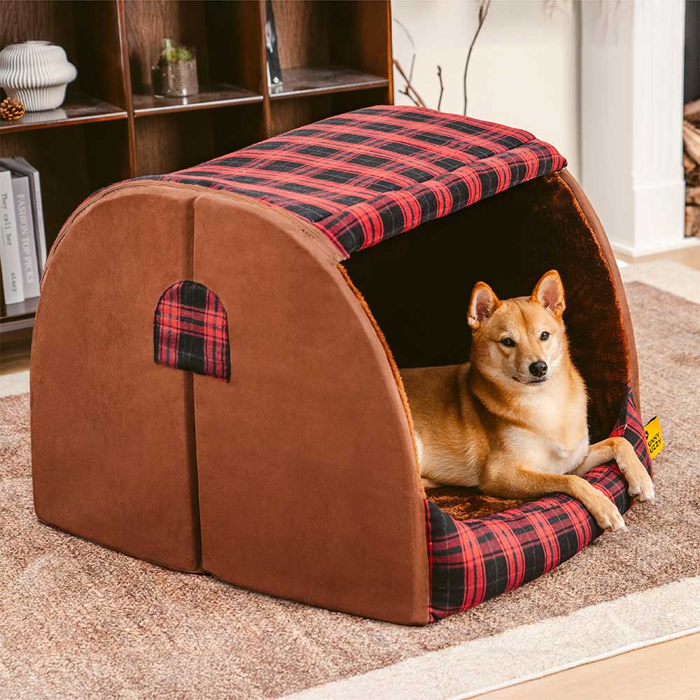 Classical Plaid House Orthopedic Dog Bed - Retreat Cabin, Red - S
