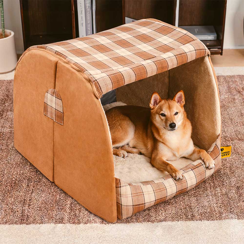 Classical Plaid House Orthopedic Dog Bed - Retreat Cabin, Brown - M