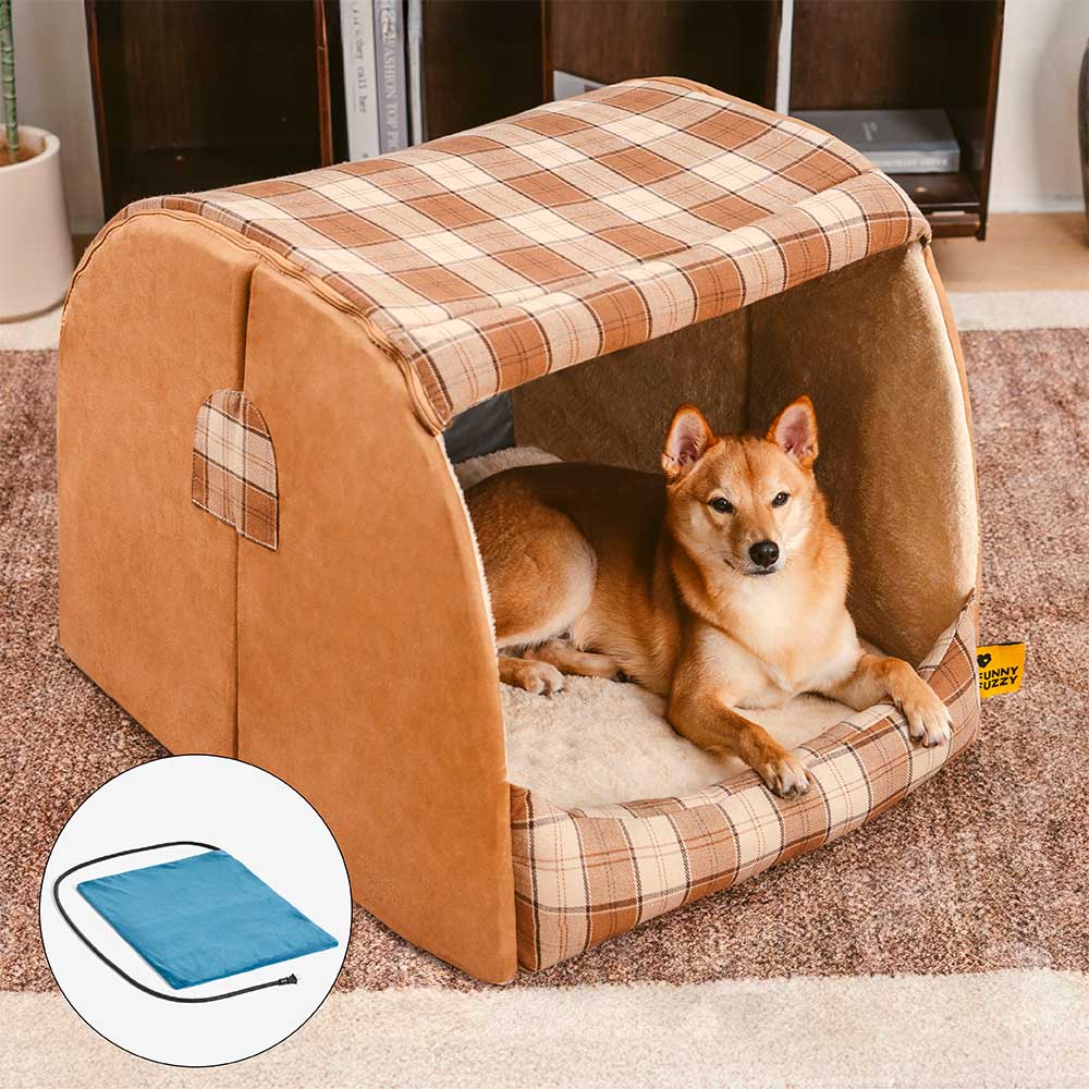 Classical Plaid House Orthopedic Dog Bed - Retreat Cabin, Brown+Heating Pad - M