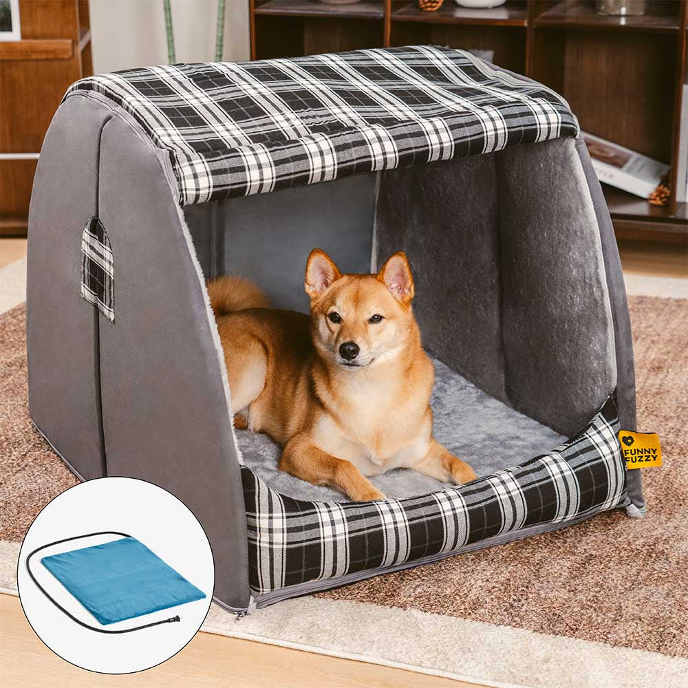 Classical Plaid House Orthopedic Dog Bed - Retreat Cabin, Black+Heating Pad - S