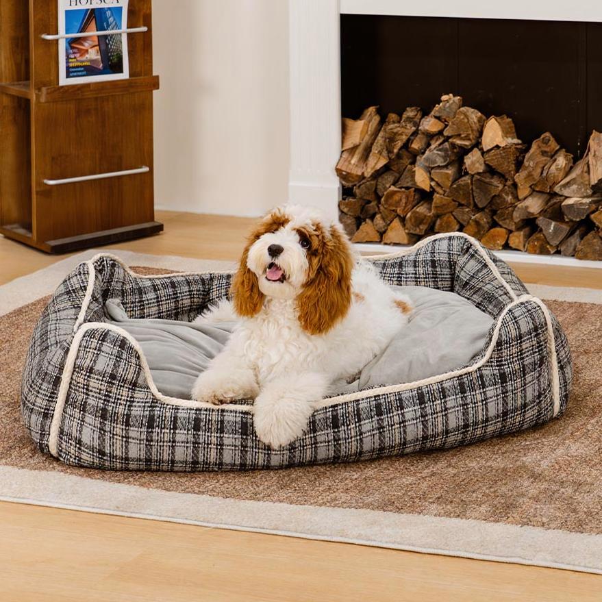 Classical Retro Plaid Removable Bolster Calming Dog Bed - Nostalgic Retreat, Grey - L