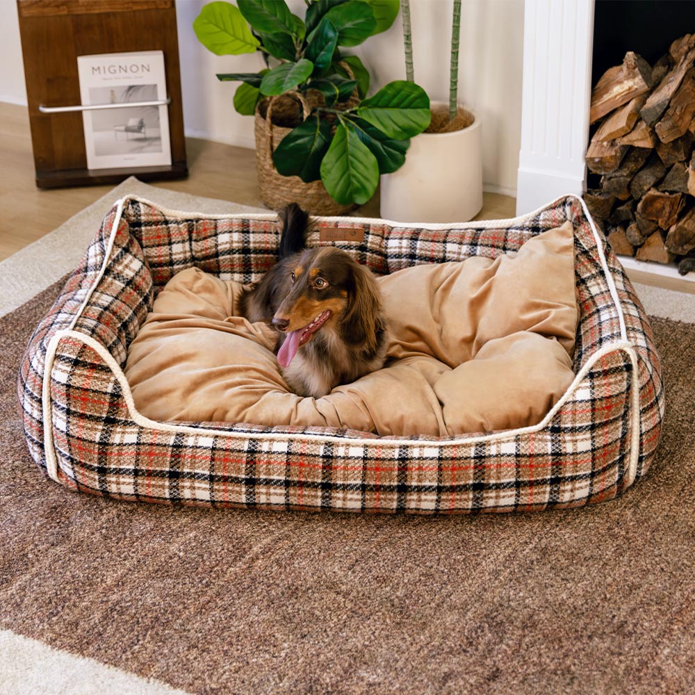 Classical Retro Plaid Removable Bolster Calming Dog Bed - Nostalgic Retreat, Coffee - L