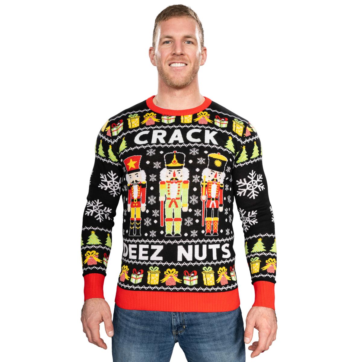 Crack Deez Nuts Nutcracker Santa Knitted Ugly Christmas Sweater - XL