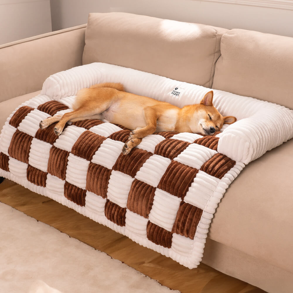 Cream Square Plaid Cozy Dog Mat Furniture Protector Cover, Brown - S