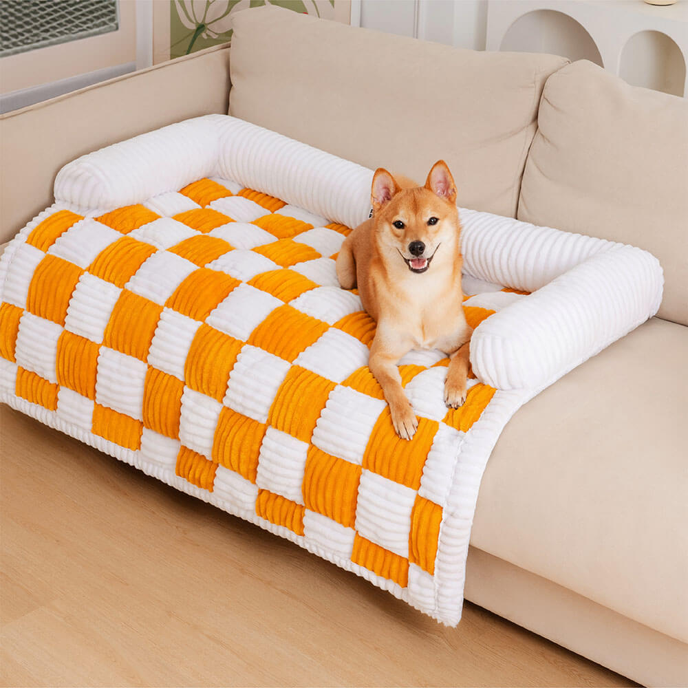 Cream Square Plaid Cozy Dog Mat Furniture Protector Cover, Yellow - L