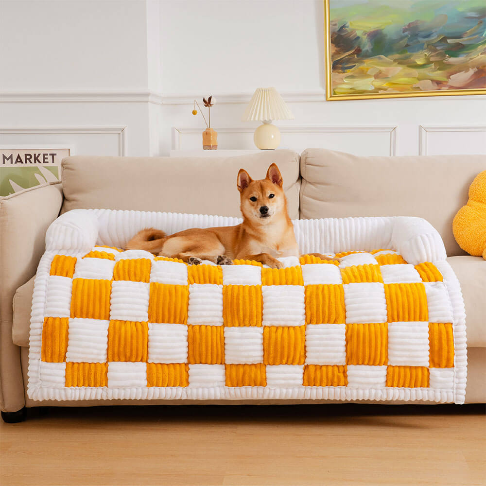 Cream Square Plaid Cozy Dog Mat Furniture Protector Cover, Yellow - XL