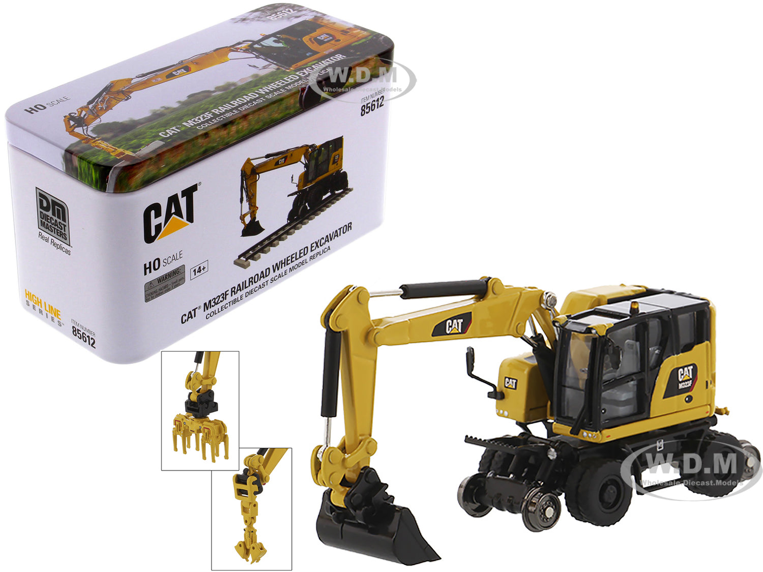CAT Caterpillar M323F Railroad Wheeled Excavator with 3 Accessories (Safety Yellow Version) "High Line" Series 1-87 (HO) Diecast Model by Diecast Mas