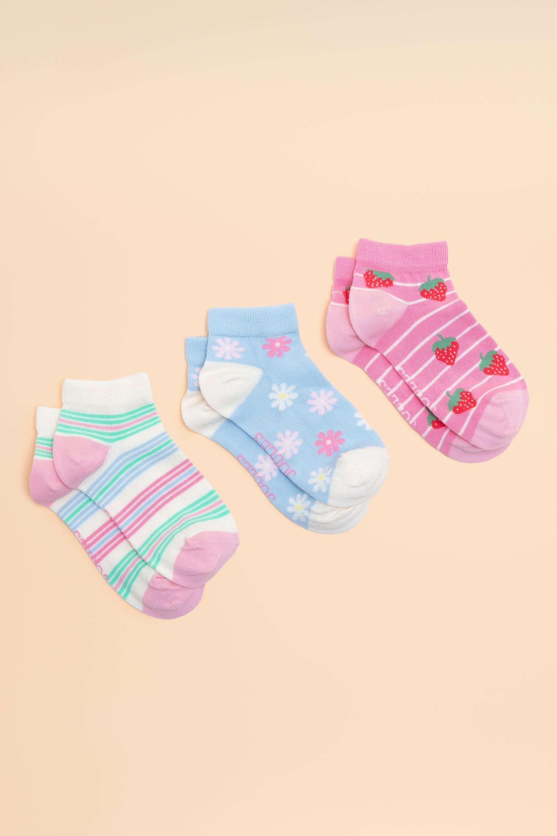 Joules - Kids' Rilla Pink & Blue Pack of Three Trainer Socks