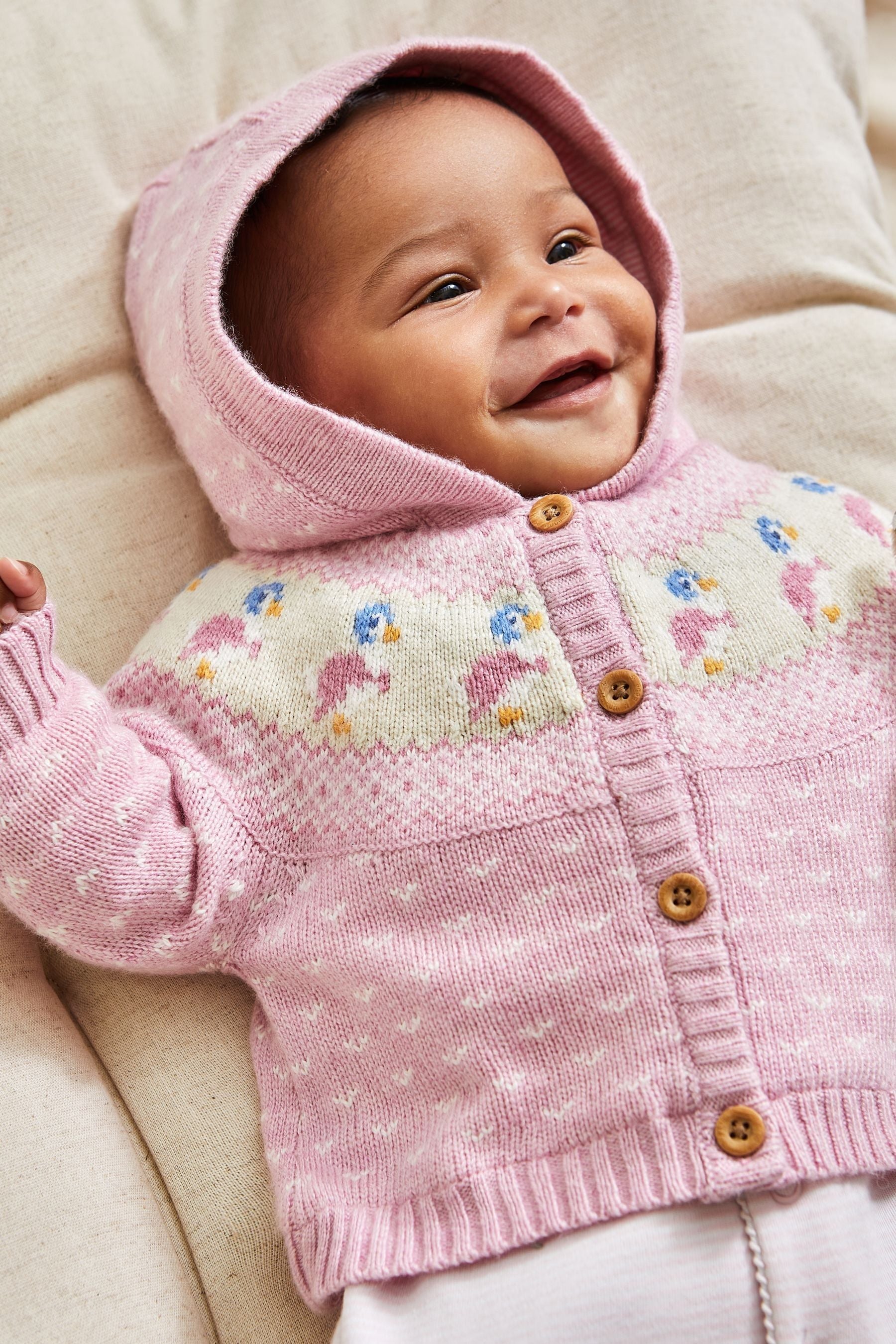 Pink Peter Rabbit Fairisle Pattern Cosy Hooded Baby Cardigan 6-12 Mths Matron Inn