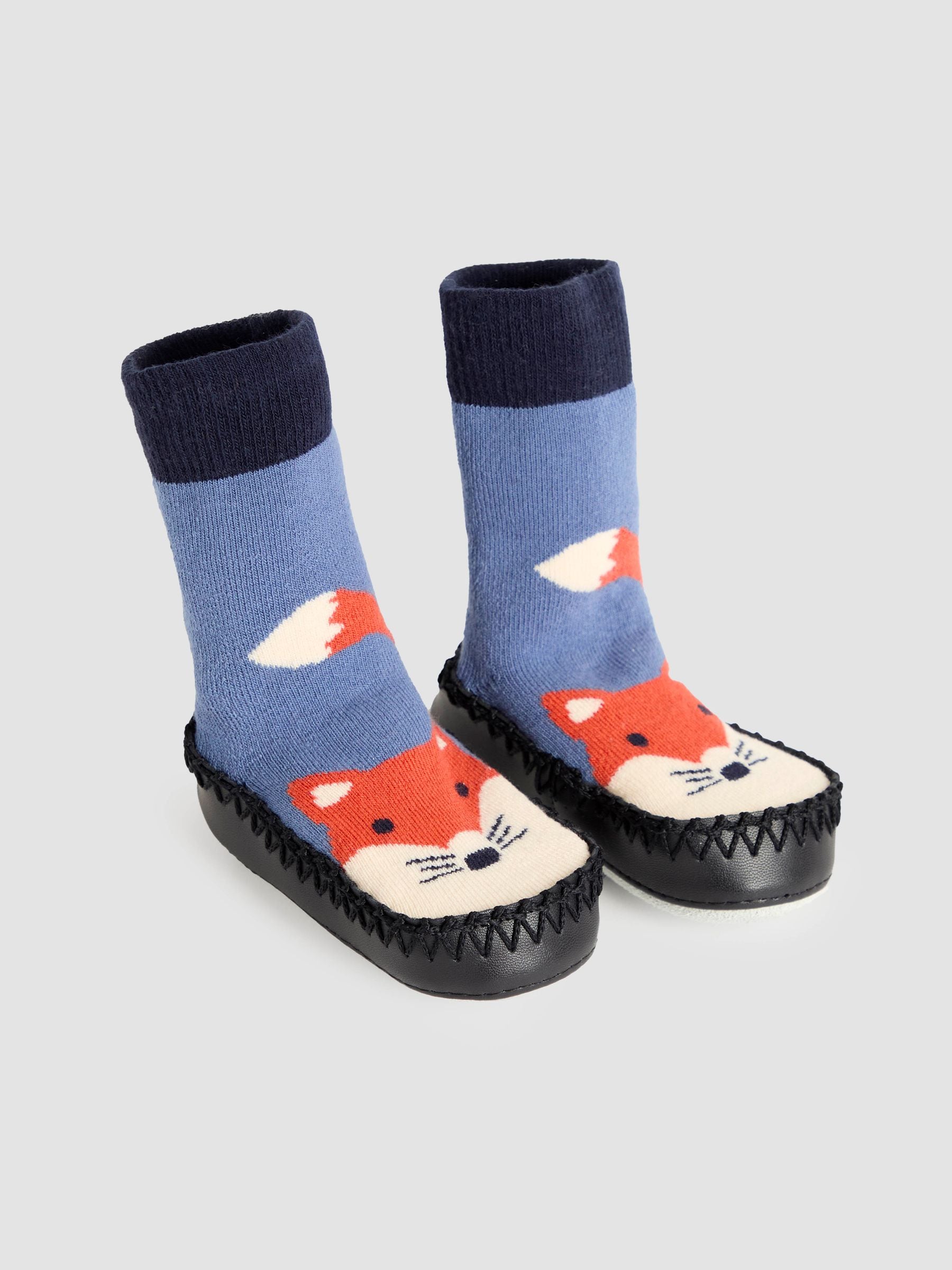 Navy Blue Fox Moccasin Slipper Socks 2-4 Yrs