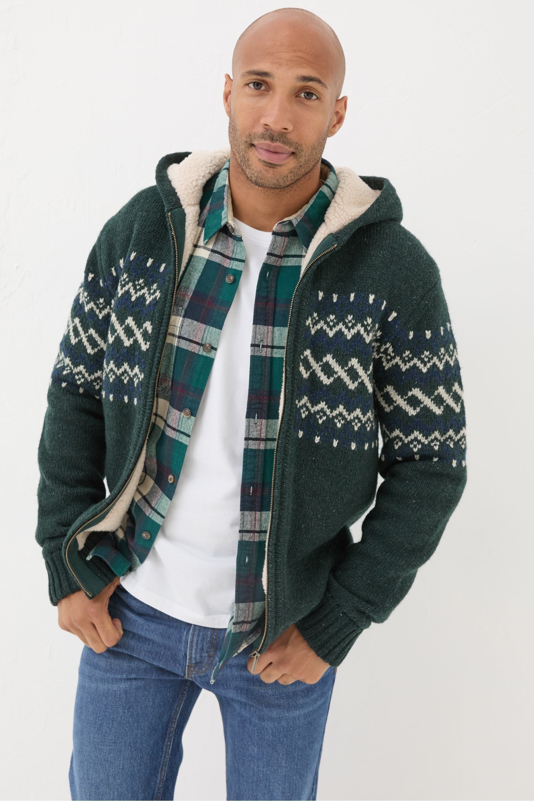 Fat Face - Dark Green Findon Knitted Pattern Hoodie