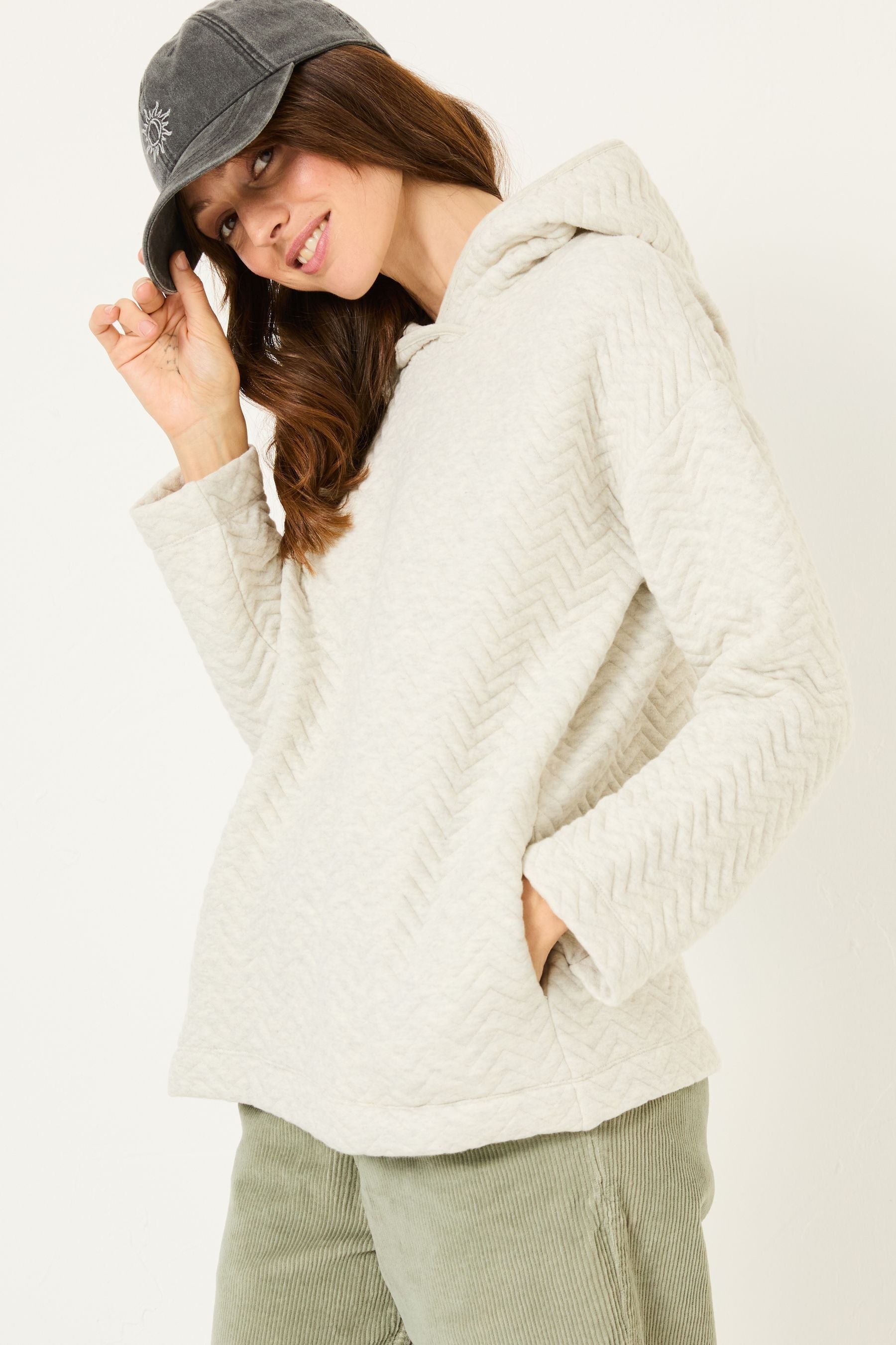 Fat Face - Grey Quilted Overhead 100% Cotton Hoodie