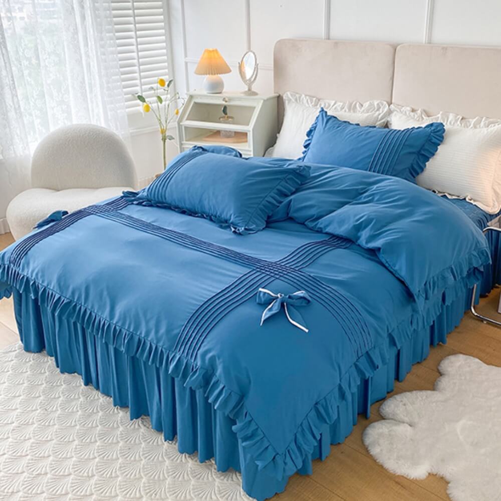 Elegant Bow-Decorated Milk Velvet Comfort Bed Sheet Set with Bed Skirt, Dark Blue - Queen(4 pcs)