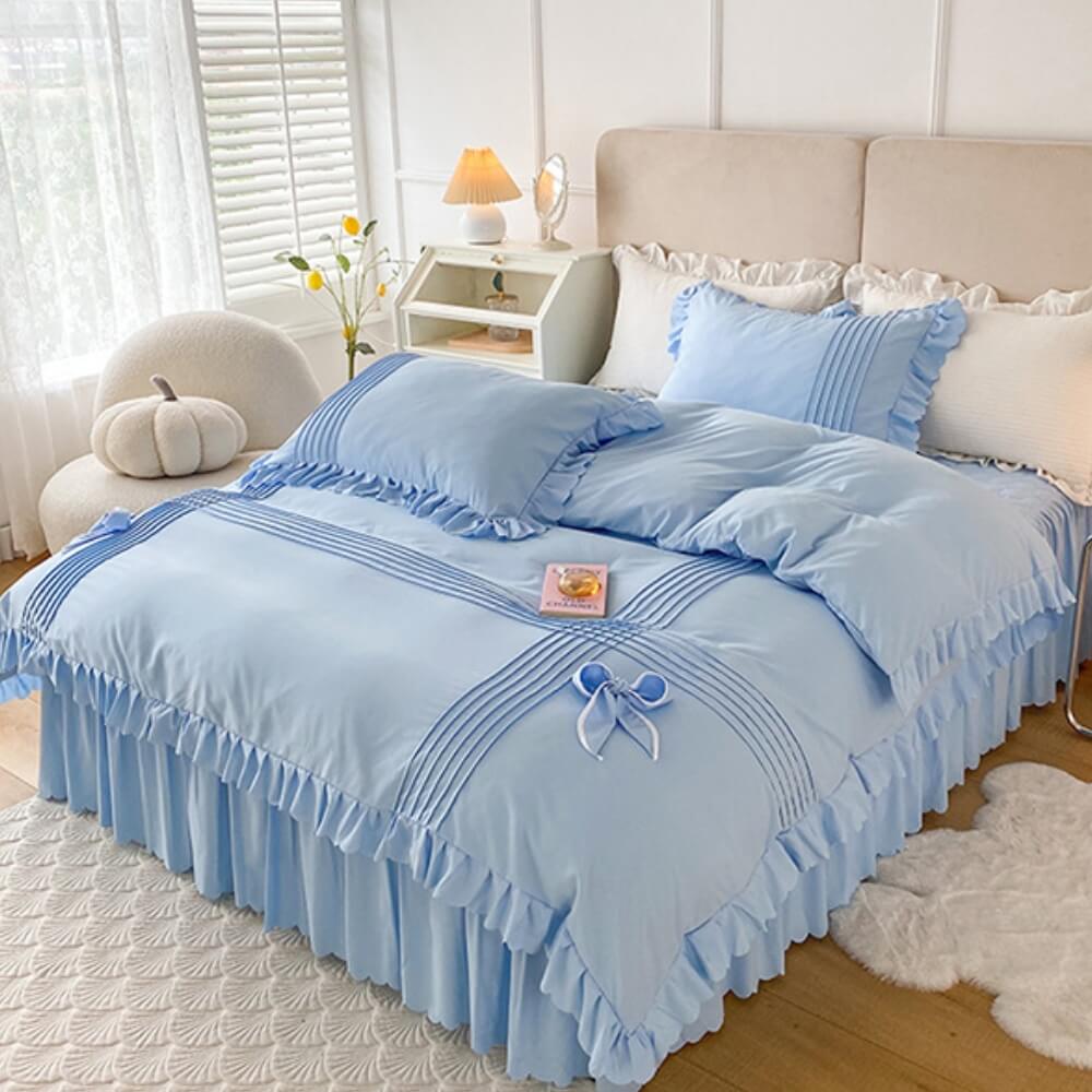 Elegant Bow-Decorated Milk Velvet Comfort Bed Sheet Set with Bed Skirt, Sky Blue - Full(4 pcs)