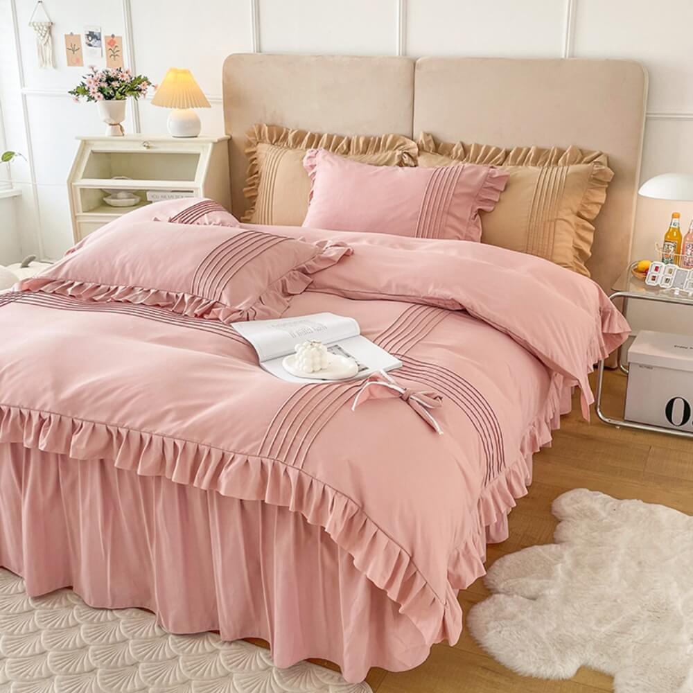 Elegant Bow-Decorated Milk Velvet Comfort Bed Sheet Set with Bed Skirt, Pink - King(4 pcs)