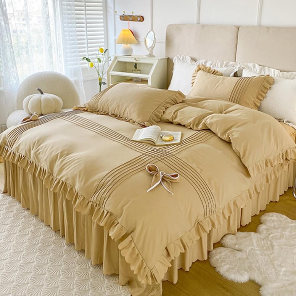 Elegant Bow-Decorated Milk Velvet Comfort Bed Sheet Set with Bed Skirt, Khaki - Queen(4 pcs)