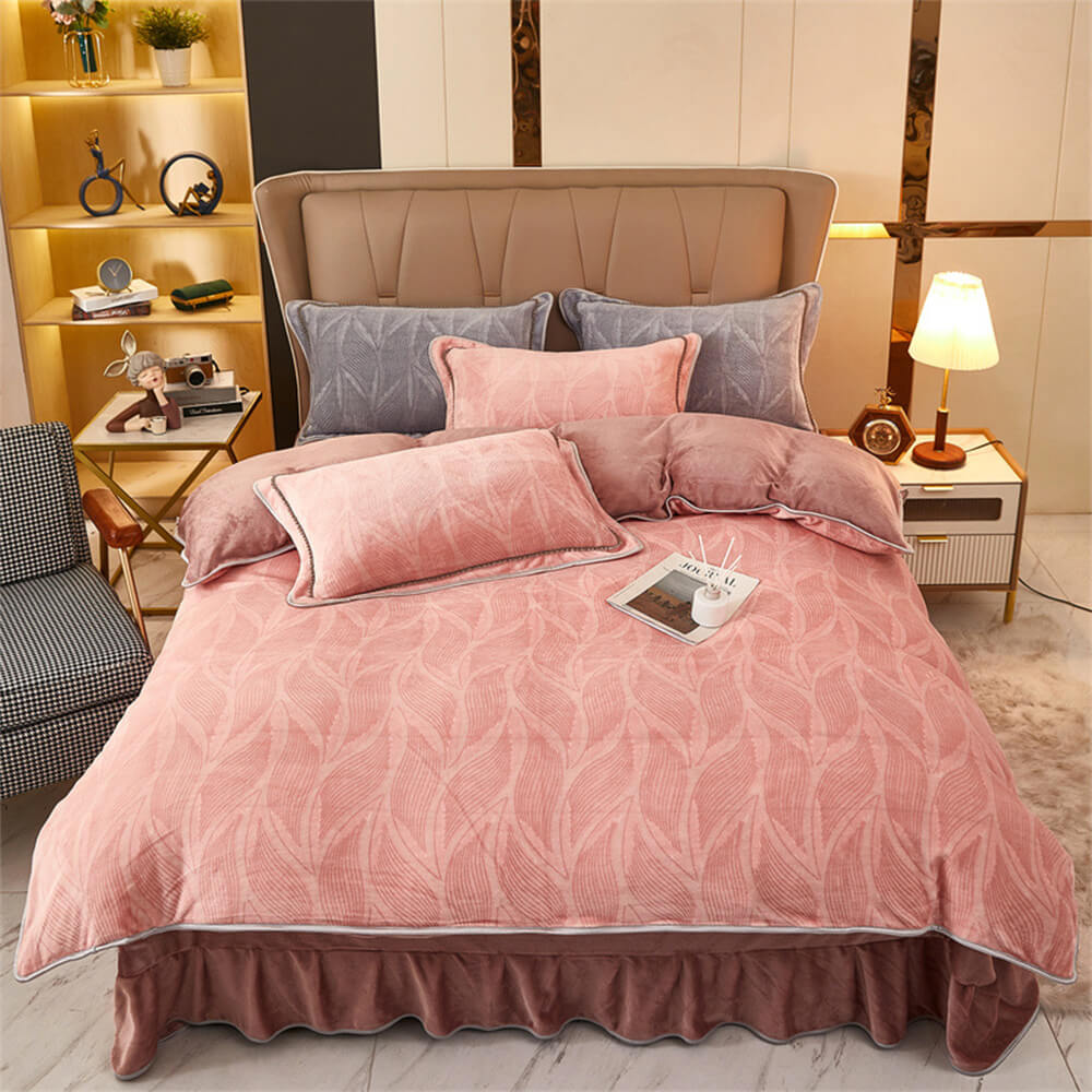 Modern Leaf Pattern Soft Milk Velvet Bed Sheet Set with Bed Skirt, Pink Curves - King(4 pcs)