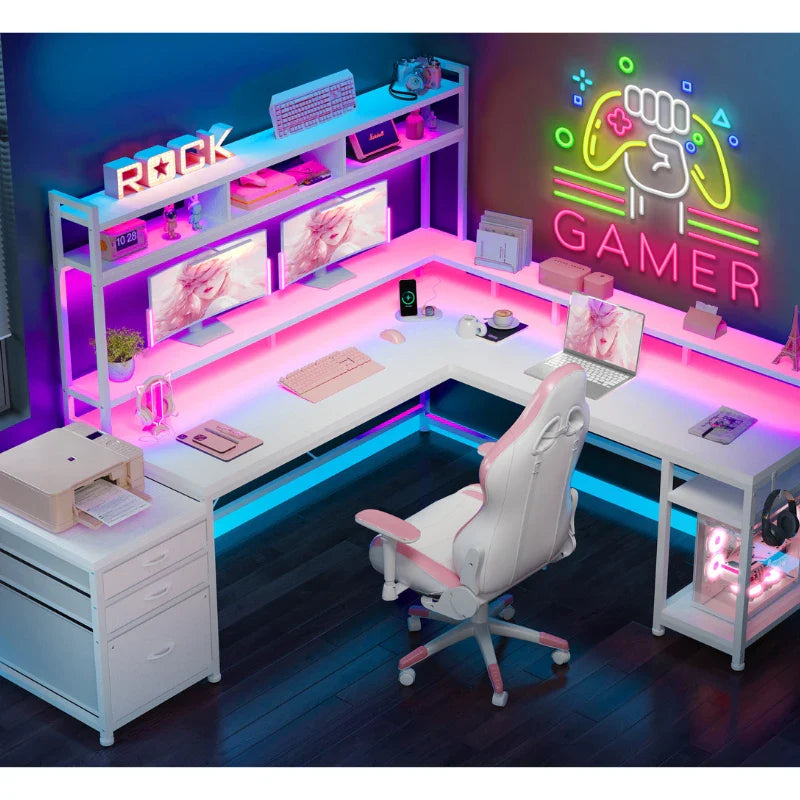 EnHomee White L Shaped Computer Gaming Desk with Led Lights and Drawers for Corner