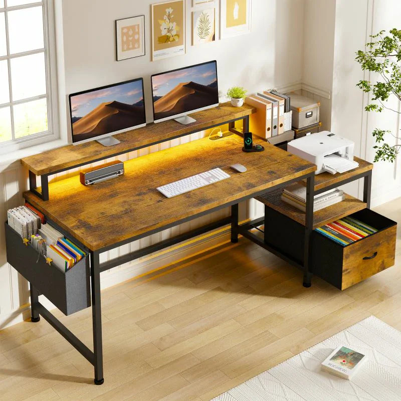 EnHomme 56.5" Gaming Computer Desk with Monitor Stand Shelves，Home Office Desk with Drawers