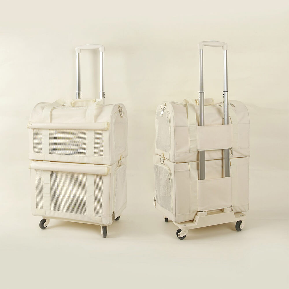 Double-Layer Spacious Multi-Cat Travel Rolling Pet Carrier Bag with Wheels, Cream