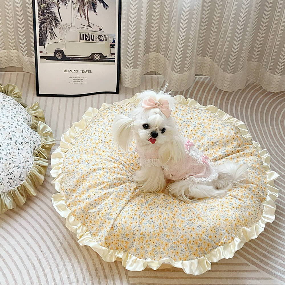 Floral Ruffled All-season Cozy Washable Round Dog Bed, Yellow