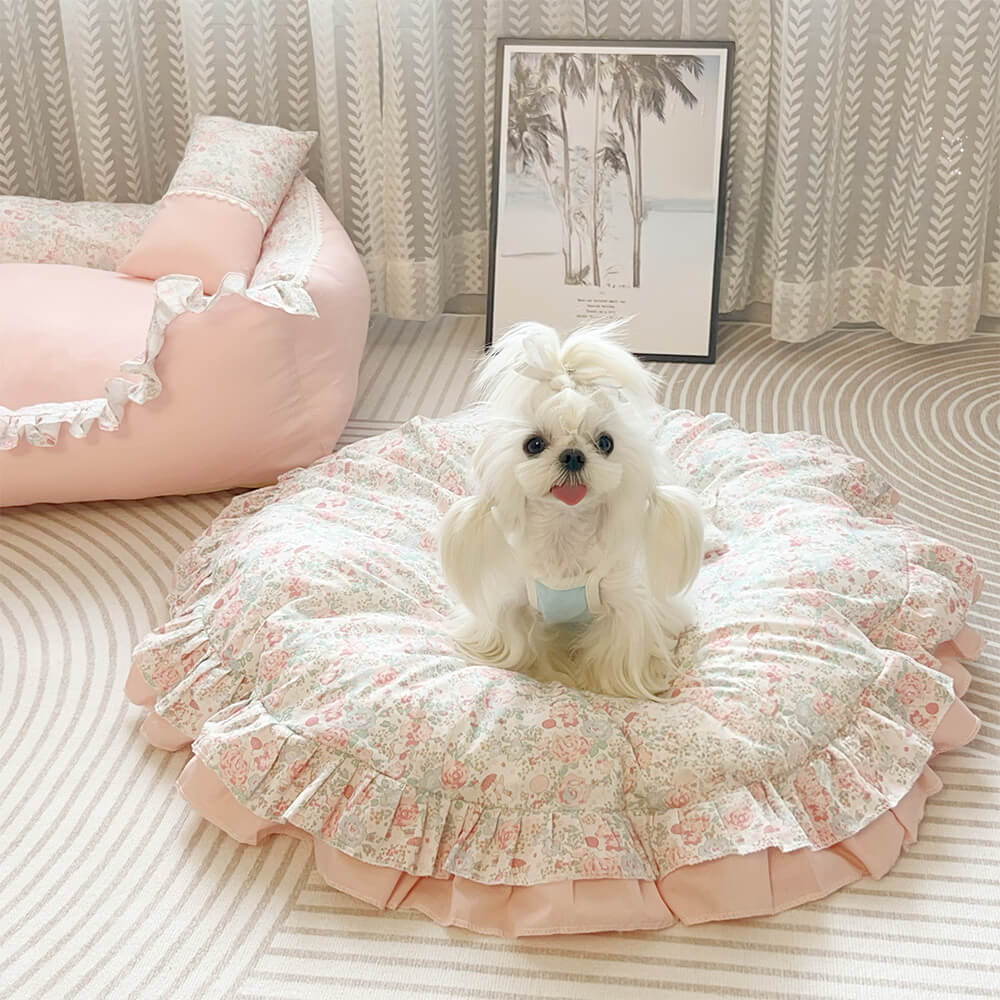 Floral Ruffled All-season Cozy Washable Round Dog Bed, Pink