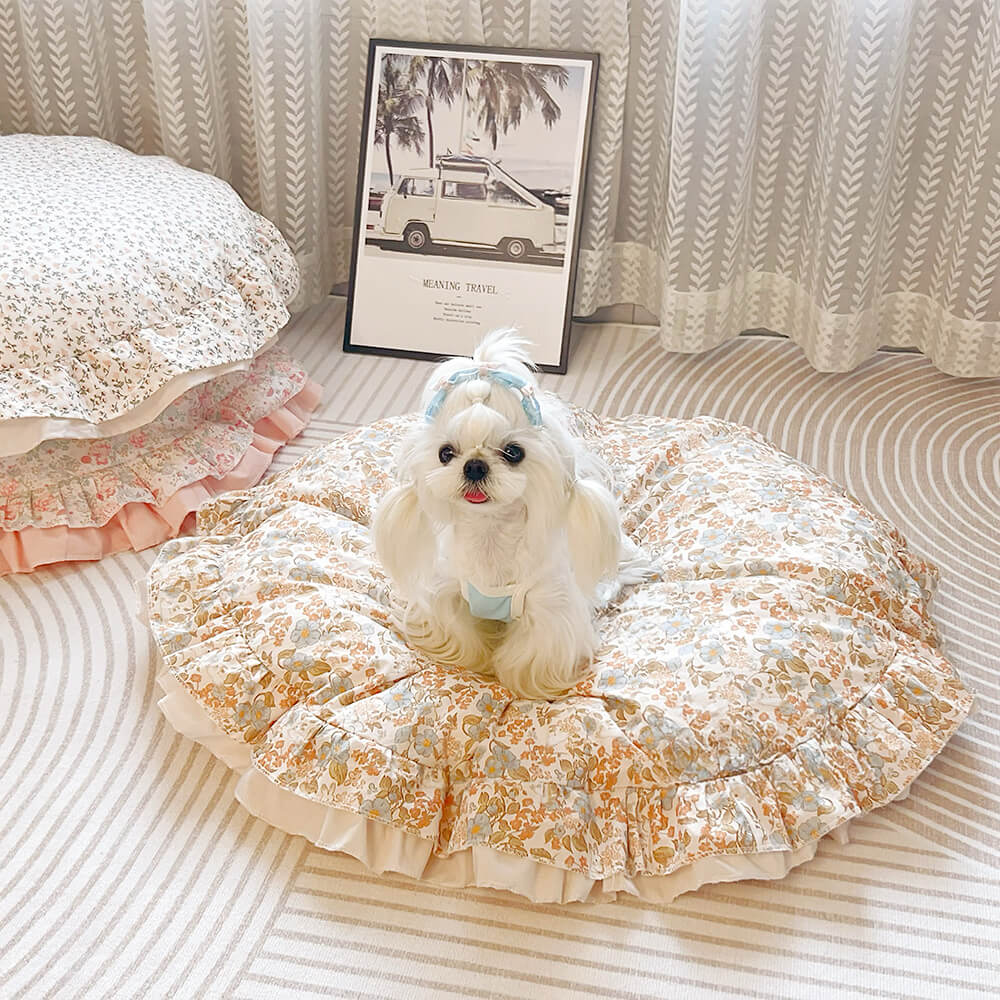 Floral Ruffled All-season Cozy Washable Round Dog Bed, Orange