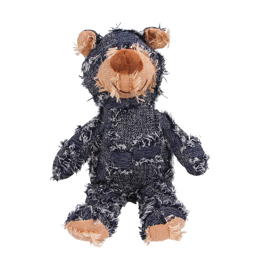 Rustic Denim Plush Durable Chewable Squeaky Dog Toy Bear, Denim Blue - M