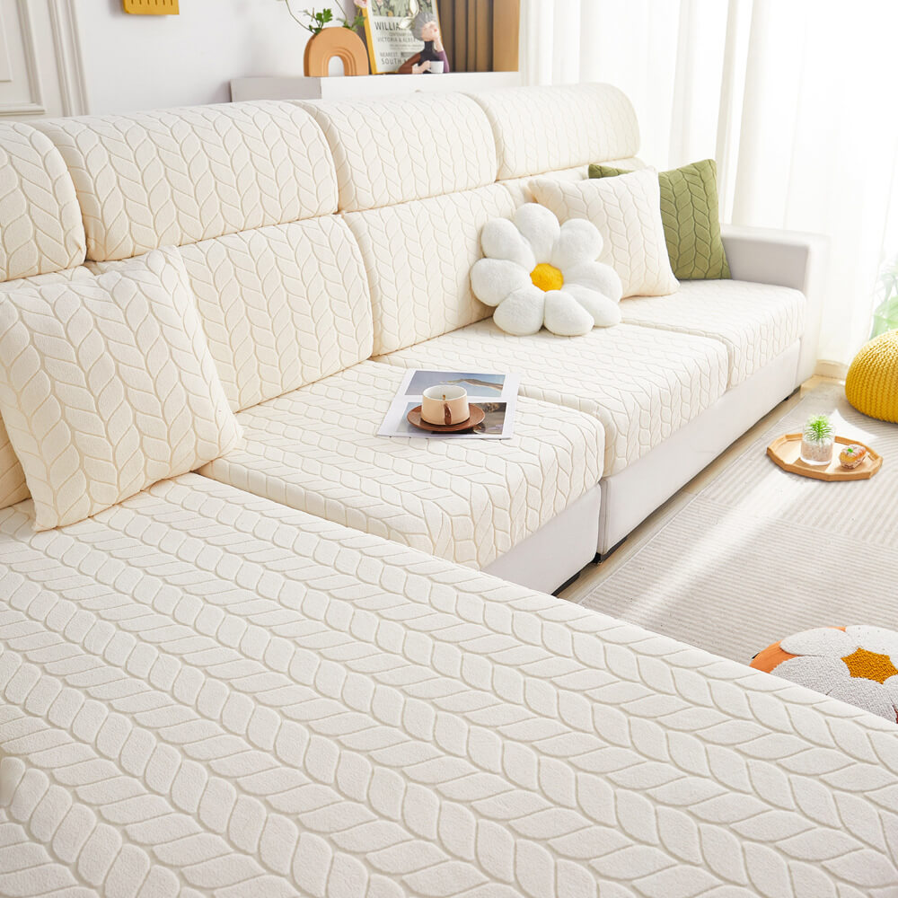 Wheat Leaf Texture All-Season Universal Elastic Full Protection Magic Couch Cover, Cream - Seat Cover-XL(1 pc)