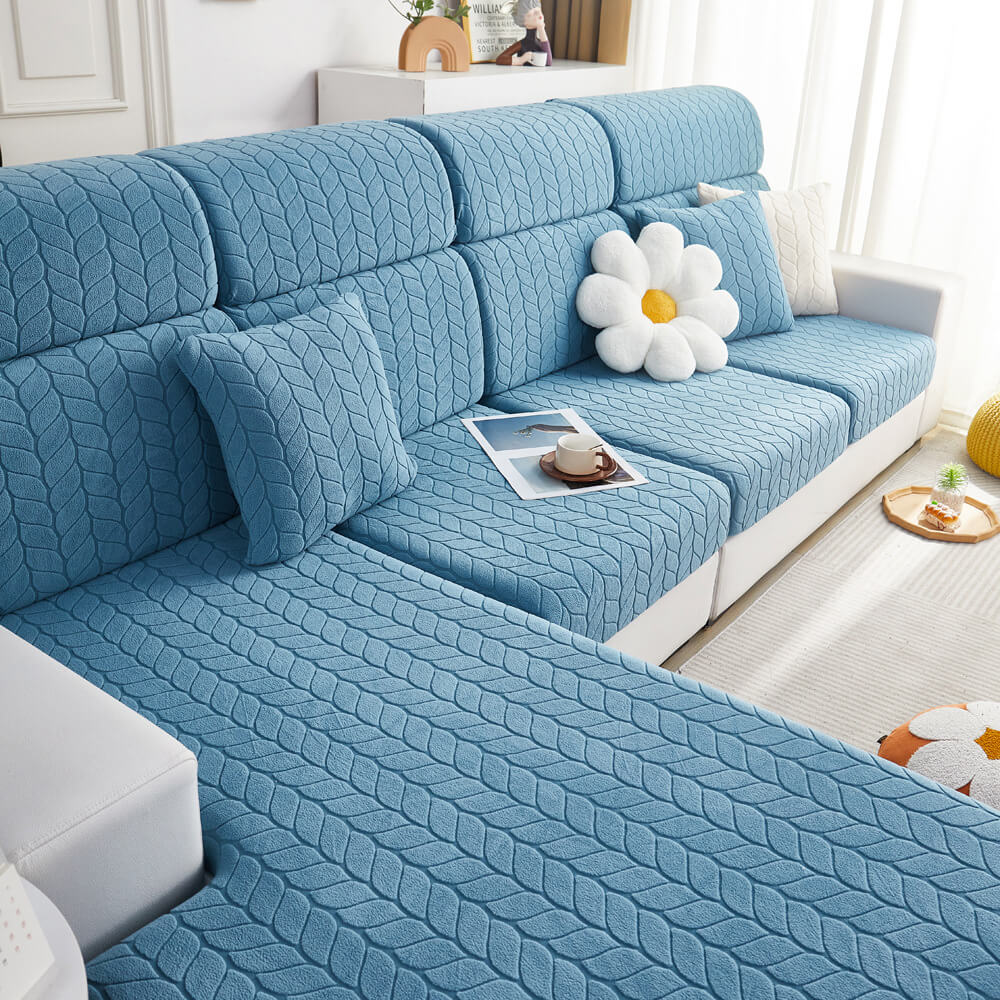 Wheat Leaf Texture All-Season Universal Elastic Full Protection Magic Couch Cover, Blue - Seat Cover-S(1 pc)