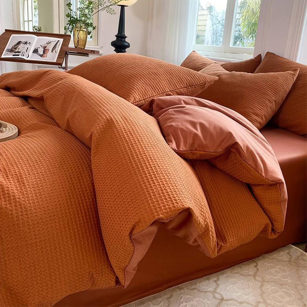 Premium Waffle Weave Breathable Cotton Bed Sheet Set, Caramel - Pillowcase(2pcs)