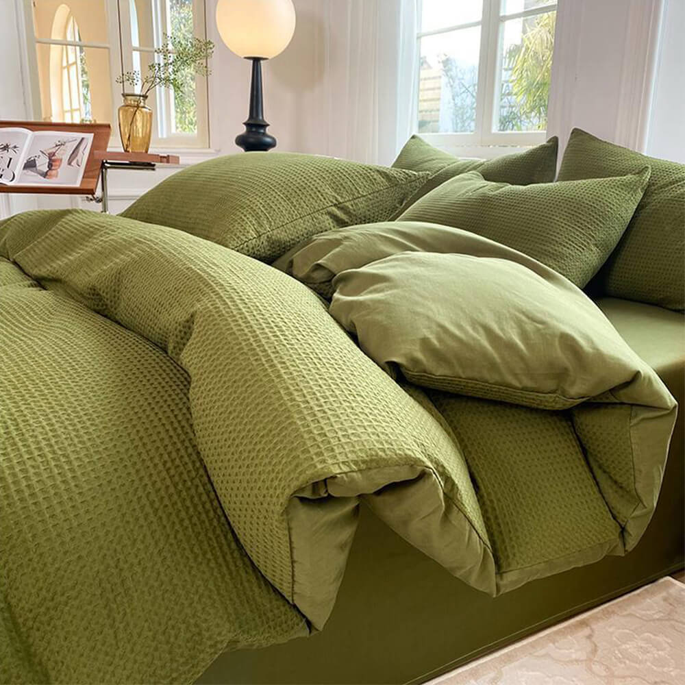 Premium Waffle Weave Breathable Cotton Bed Sheet Set, Green - Pillowcase(2pcs)