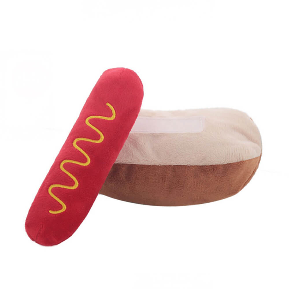 Plush Pizza Hot Dog Food Shaped Squeaky Chew Dog Toy, Hot Dog