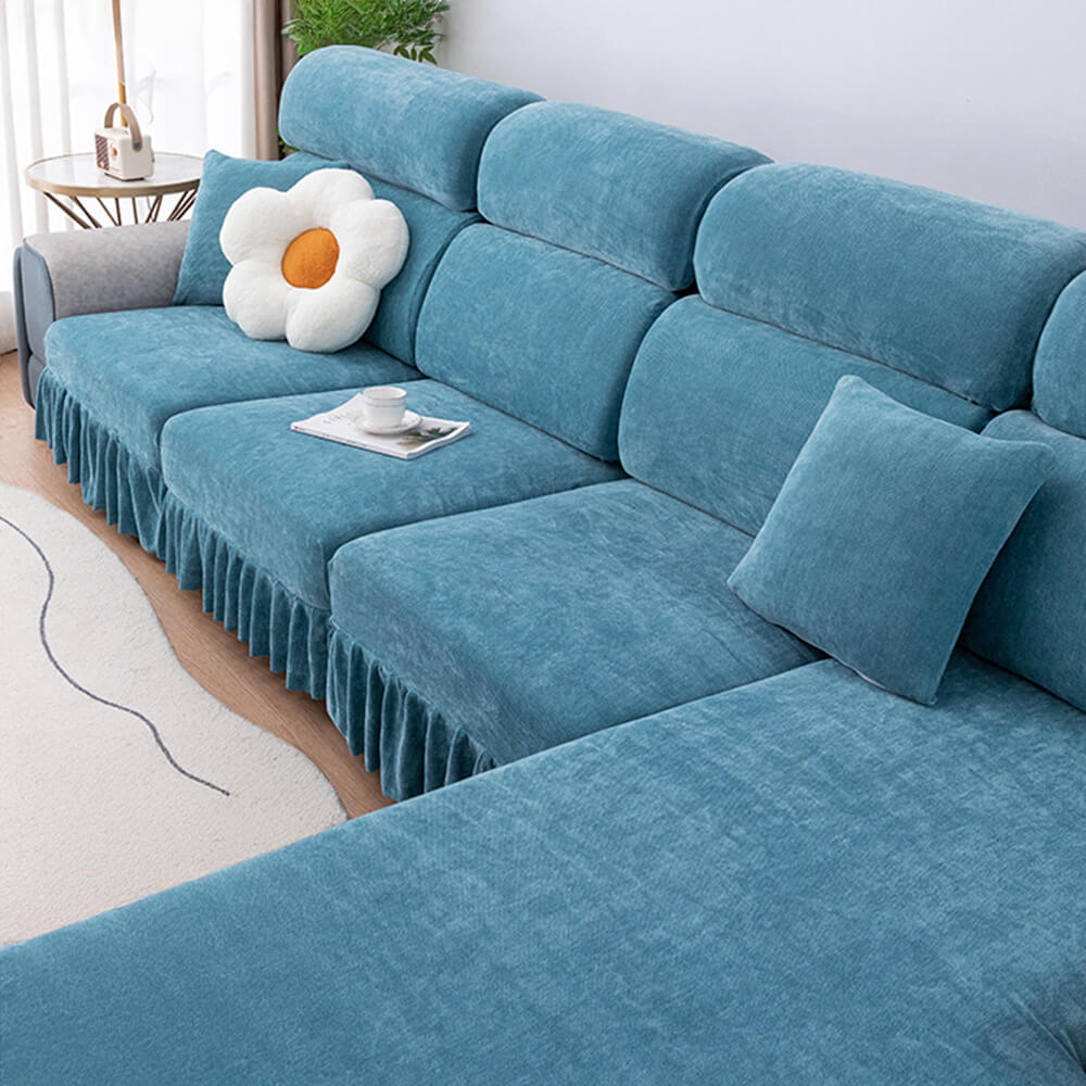Chenille Jacquard All-Season Ruffled Skirt Elastic Fit Magic Couch Cover, Blue - Pro-L