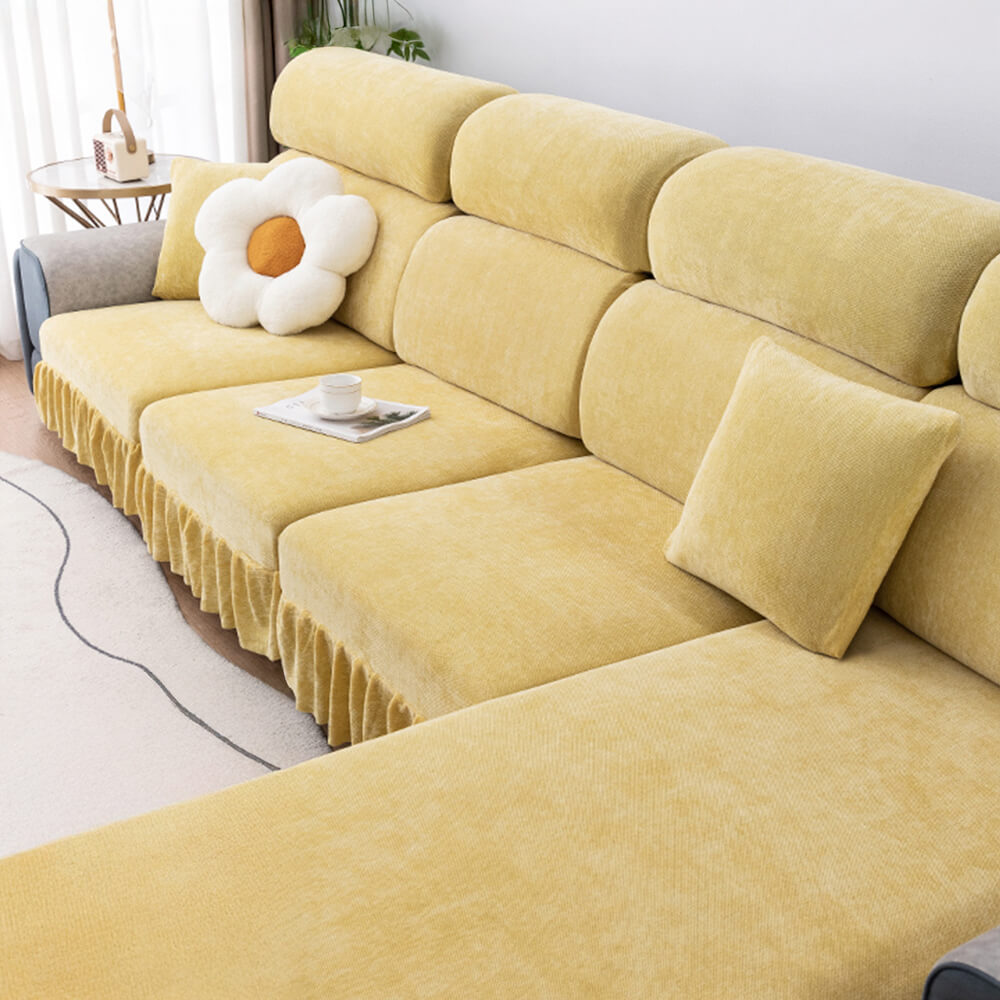 Chenille Jacquard All-Season Ruffled Skirt Elastic Fit Magic Couch Cover, Yellow - Backrest Cover