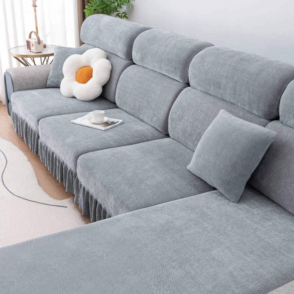 Chenille Jacquard All-Season Ruffled Skirt Elastic Fit Magic Couch Cover, Grey - Pro-S