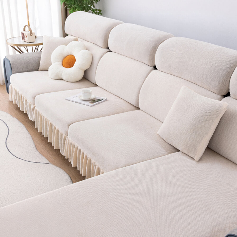 Chenille Jacquard All-Season Ruffled Skirt Elastic Fit Magic Couch Cover, White - Pro-XXL