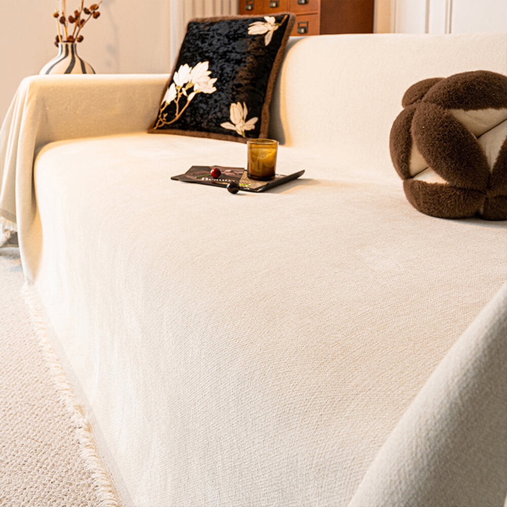 Chenille Starry Glitter Design with Fringe Trim Throw Couch Cover, Beige - 70.9 x 70.9 in(1 pc)