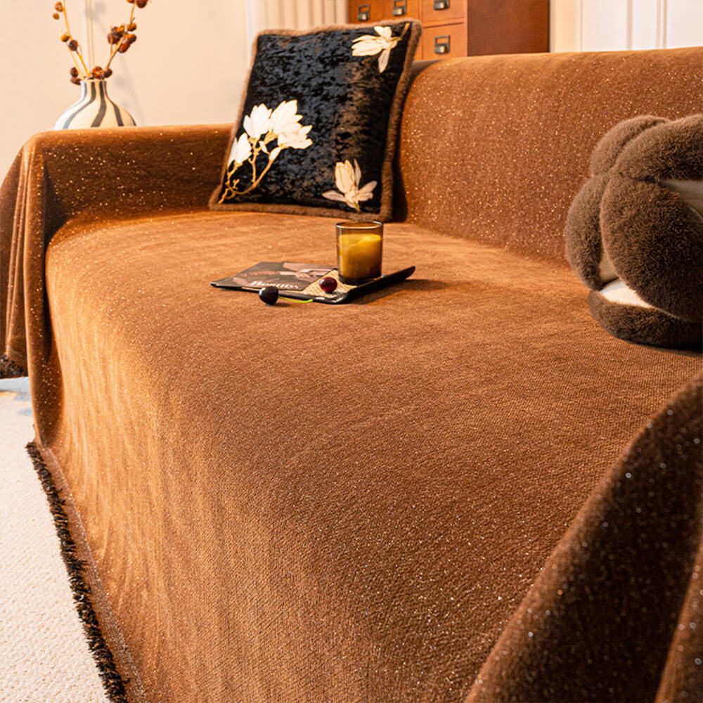 Chenille Starry Glitter Design with Fringe Trim Throw Couch Cover, Brown - 70.9 x 149.6 in(1 pc)