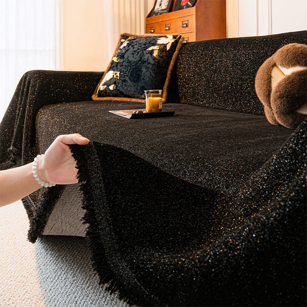 Chenille Starry Glitter Design with Fringe Trim Throw Couch Cover, Black - 70.9 x 165.3 in(1 pc)