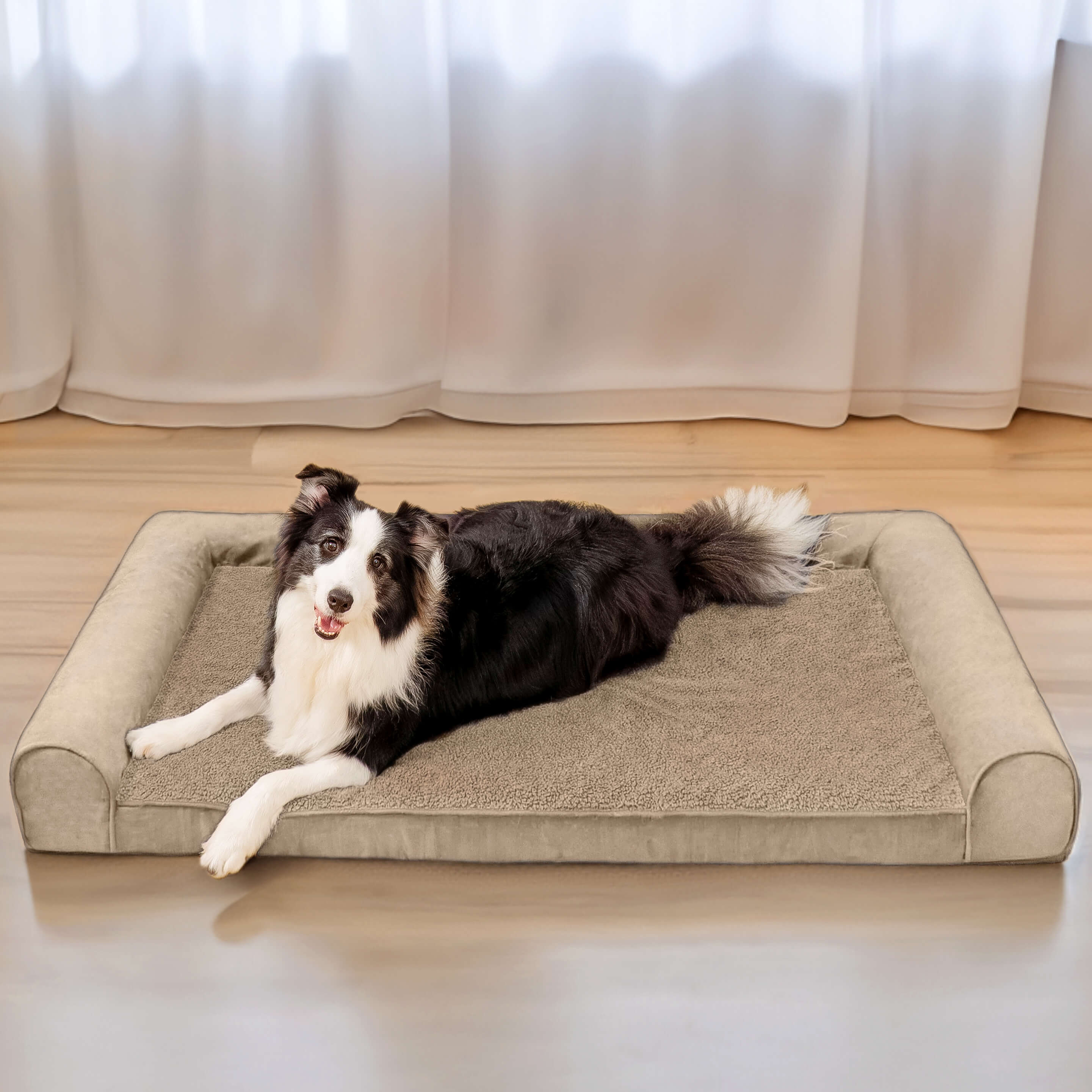 Faux Fleece & Suede Full Support Orthopedic Dog Bed, Khaki - XL