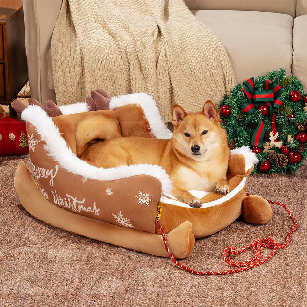Festive Plush Cozy Dog Bed - Christmas Sleigh, Brown - S